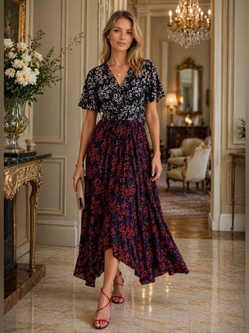 Boden Red Navy Floral Handkerchief Hem Dress Petite 10 Boho Chic Midi